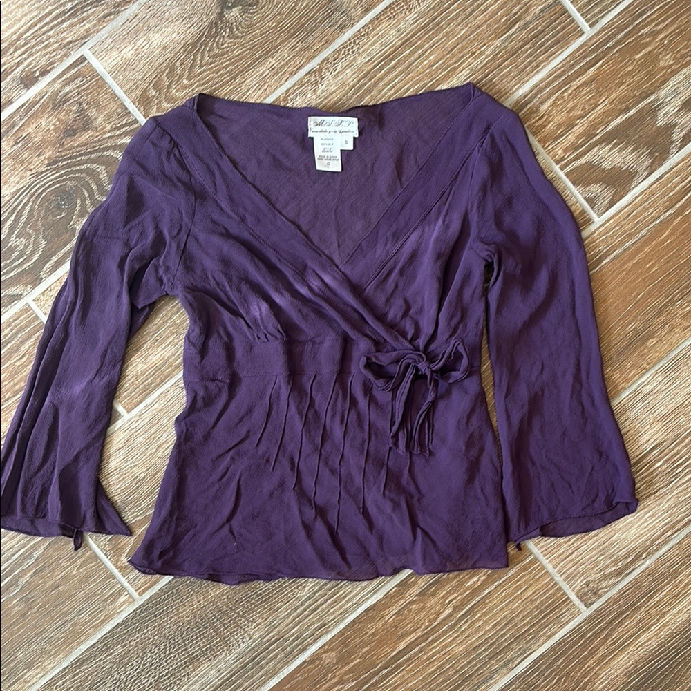 Purple Wrap Blouse with 3/4 Sleeves